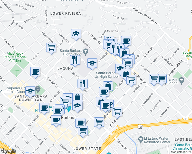 map of restaurants, bars, coffee shops, grocery stores, and more near 609 East De La Guerra Street in Santa Barbara