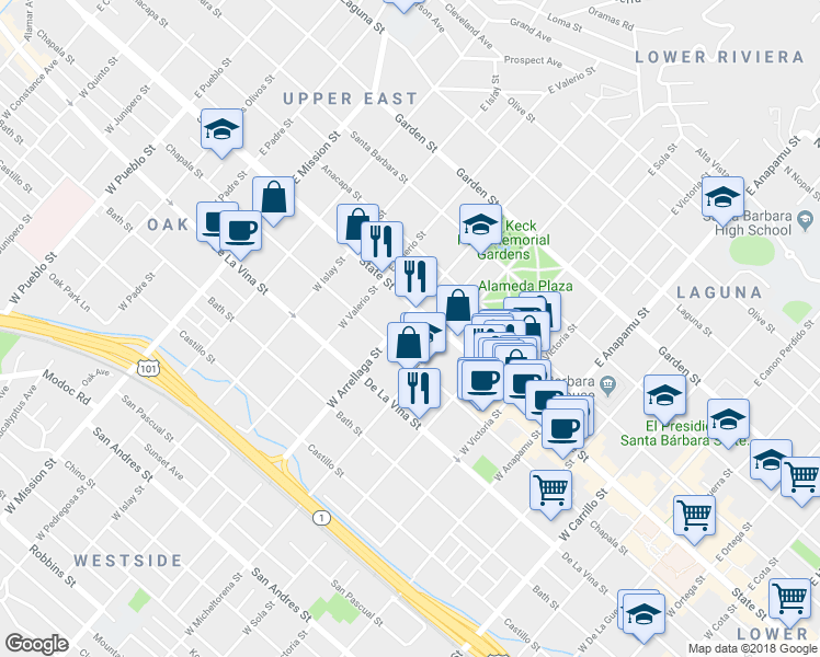 map of restaurants, bars, coffee shops, grocery stores, and more near 28 West Arrellaga Street in Santa Barbara