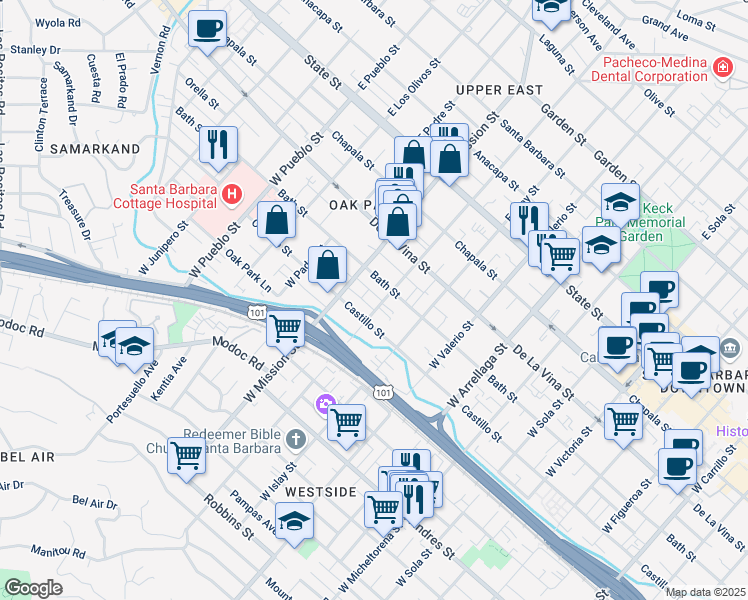 map of restaurants, bars, coffee shops, grocery stores, and more near 318 West Pedregosa Street in Santa Barbara
