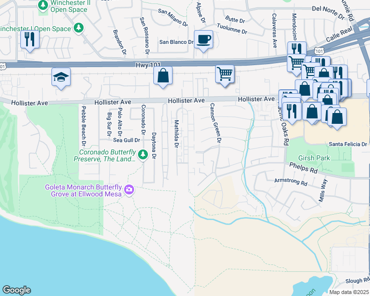 map of restaurants, bars, coffee shops, grocery stores, and more near 328 Mathilda Drive in Goleta