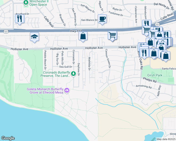 map of restaurants, bars, coffee shops, grocery stores, and more near 7465 Hollister Avenue in Goleta