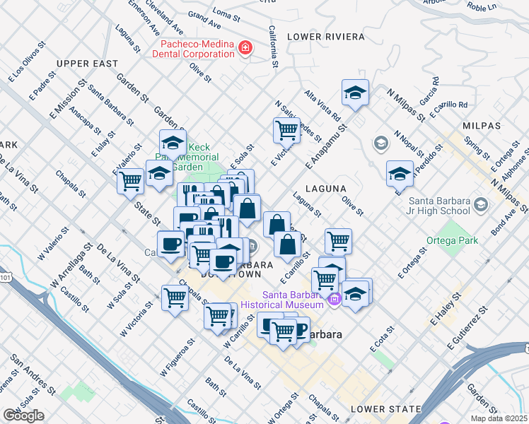 map of restaurants, bars, coffee shops, grocery stores, and more near 227 East Anapamu Street in Santa Barbara