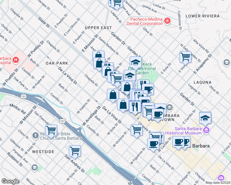 map of restaurants, bars, coffee shops, grocery stores, and more near 28 West Arrellaga Street in Santa Barbara