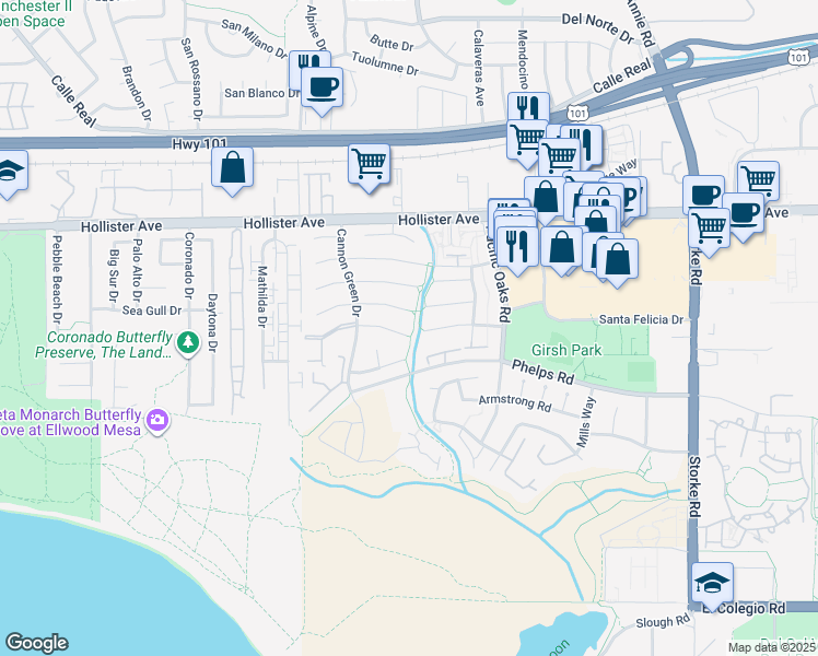 map of restaurants, bars, coffee shops, grocery stores, and more near 7318 Greensboro Street in Goleta