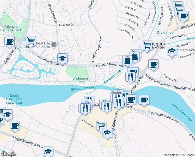 map of restaurants, bars, coffee shops, grocery stores, and more near 26807 Bayport Lane in Santa Clarita