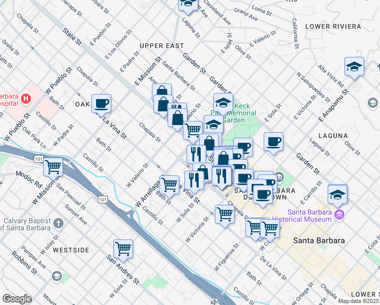 map of restaurants, bars, coffee shops, grocery stores, and more near 15 West Arrellaga Street in Santa Barbara