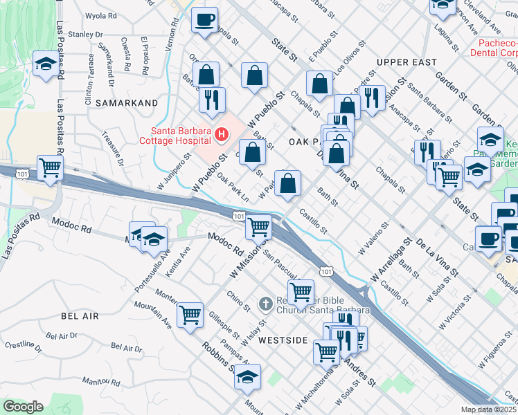 map of restaurants, bars, coffee shops, grocery stores, and more near 435 West Padre Street in Santa Barbara