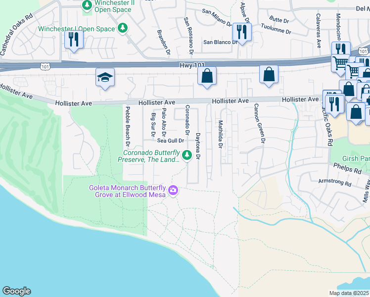 map of restaurants, bars, coffee shops, grocery stores, and more near 335 Daytona Drive in Goleta