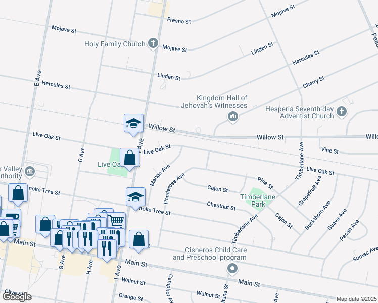 map of restaurants, bars, coffee shops, grocery stores, and more near 17693 Live Oak Street in Hesperia