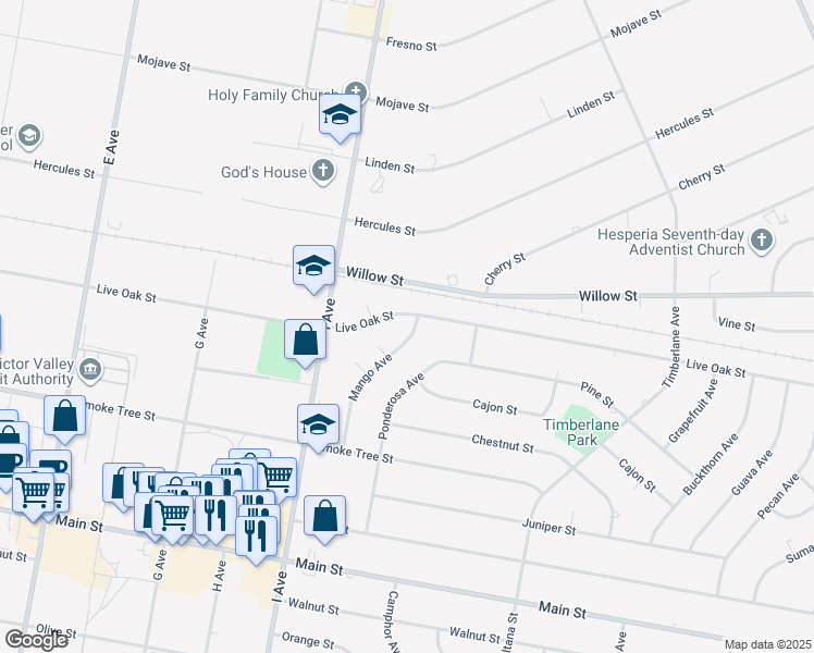 map of restaurants, bars, coffee shops, grocery stores, and more near 9650 Mango Avenue in Hesperia