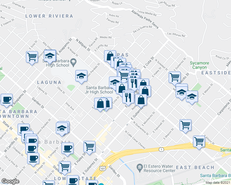 map of restaurants, bars, coffee shops, grocery stores, and more near 721 East Cota Street in Santa Barbara