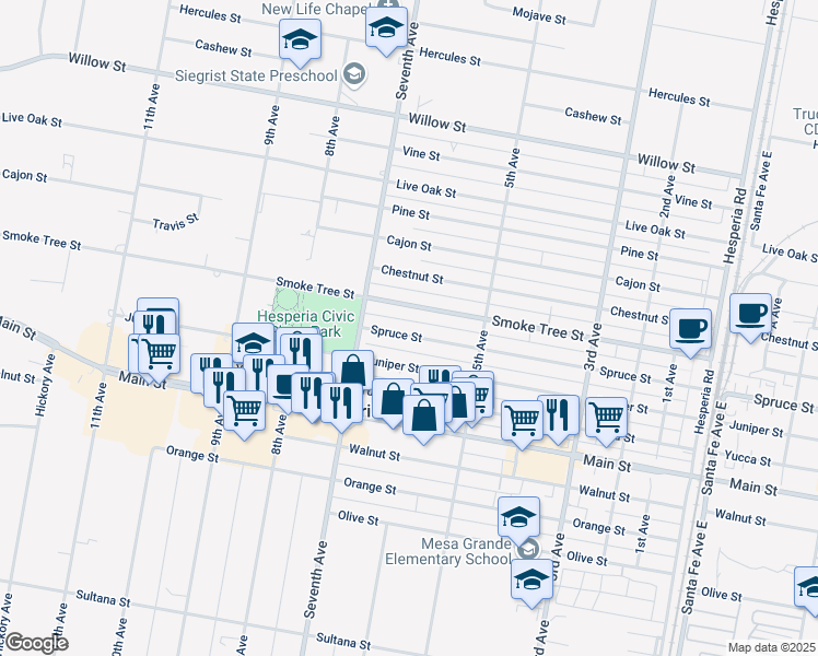 map of restaurants, bars, coffee shops, grocery stores, and more near 16028 Spruce Street in Hesperia