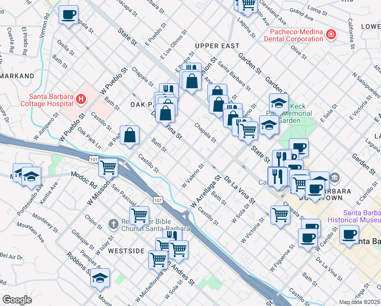 map of restaurants, bars, coffee shops, grocery stores, and more near 205 West Islay Street in Santa Barbara