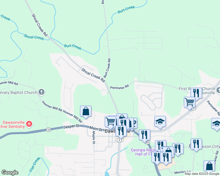 map of restaurants, bars, coffee shops, grocery stores, and more near 378 Shoal Creek Road in Dawsonville