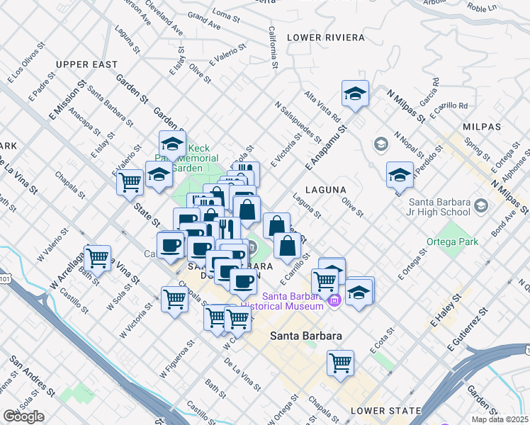map of restaurants, bars, coffee shops, grocery stores, and more near 243 East Anapamu Street in Santa Barbara