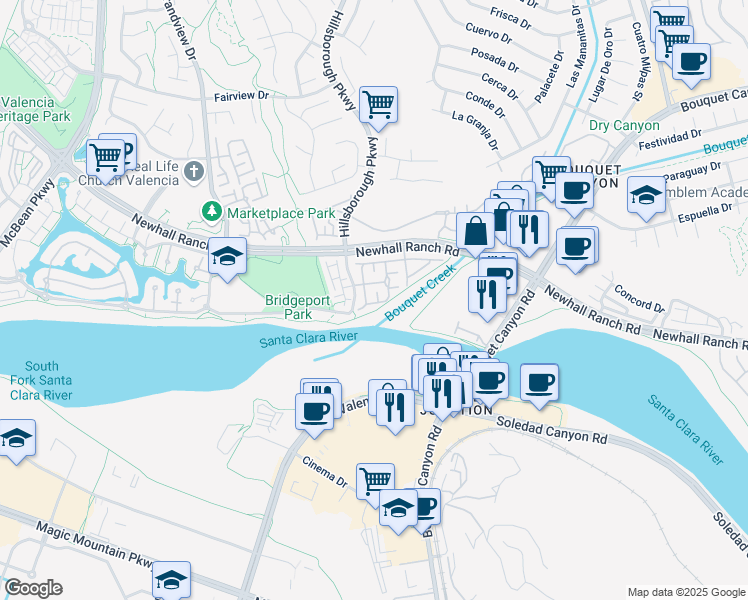 map of restaurants, bars, coffee shops, grocery stores, and more near 26801 Anchor Lane in Santa Clarita