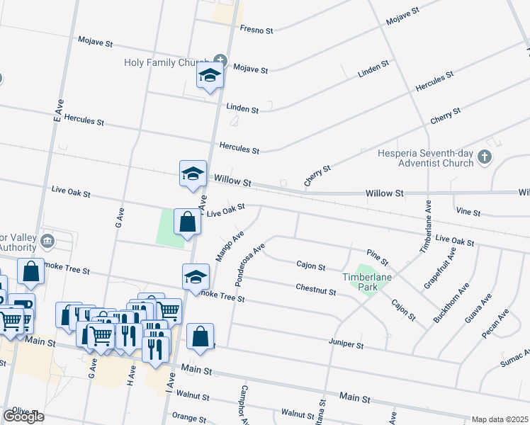 map of restaurants, bars, coffee shops, grocery stores, and more near 9649 Mango Avenue in Hesperia