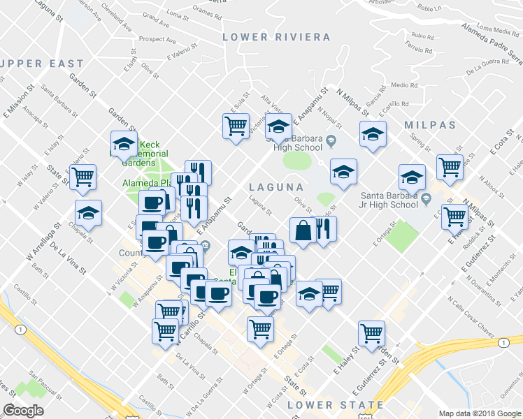 map of restaurants, bars, coffee shops, grocery stores, and more near 1033 Laguna Street in Santa Barbara