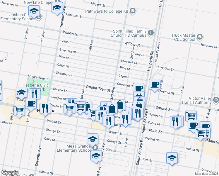 map of restaurants, bars, coffee shops, grocery stores, and more near 9664 3rd Avenue in Hesperia