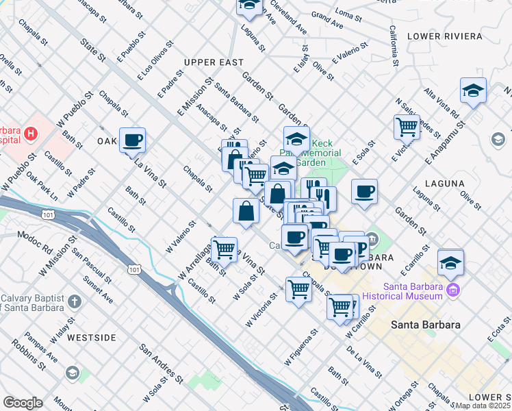 map of restaurants, bars, coffee shops, grocery stores, and more near 1515 State Street in Santa Barbara