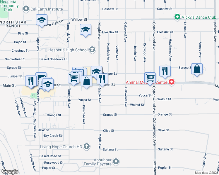 map of restaurants, bars, coffee shops, grocery stores, and more near 14575 Main Street in Hesperia