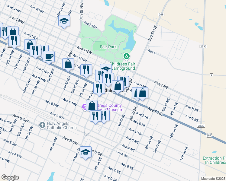 map of restaurants, bars, coffee shops, grocery stores, and more near in Childress