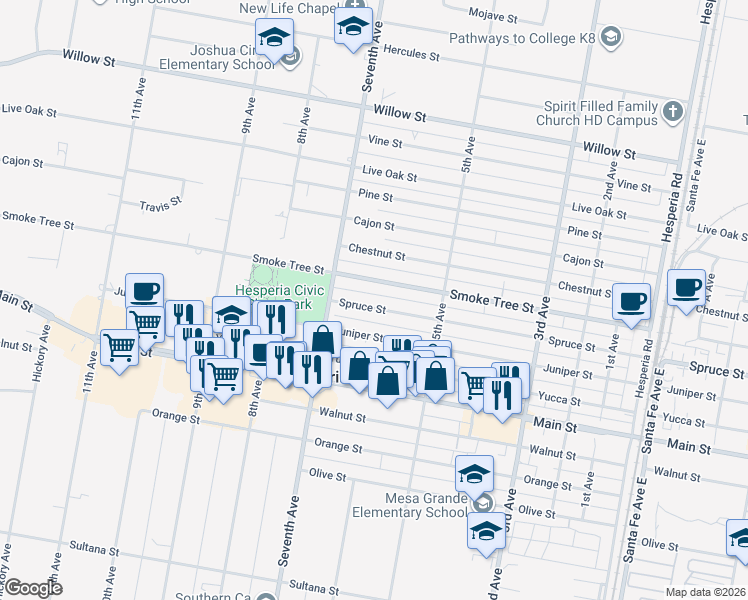 map of restaurants, bars, coffee shops, grocery stores, and more near 16028 Spruce Street in Hesperia