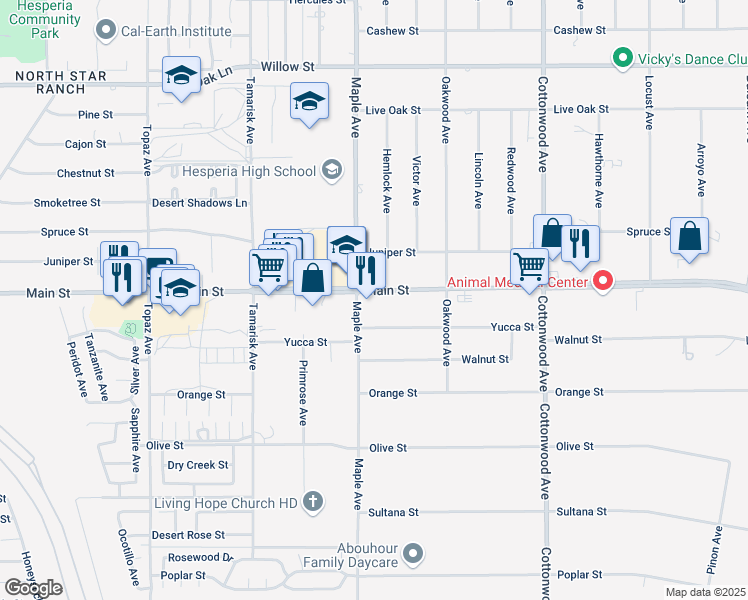 map of restaurants, bars, coffee shops, grocery stores, and more near 14535 Main Street in Hesperia