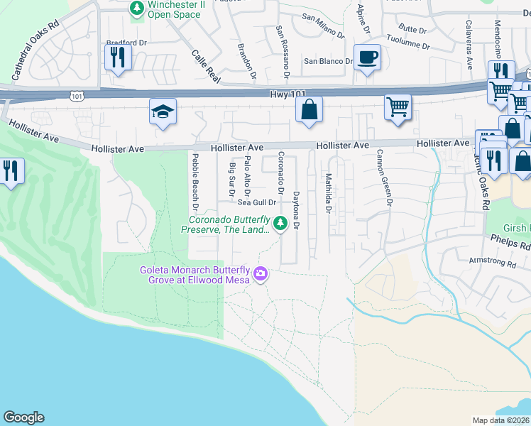 map of restaurants, bars, coffee shops, grocery stores, and more near 7532 Newport Drive in Goleta
