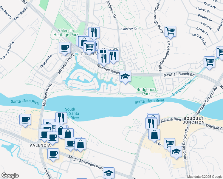 map of restaurants, bars, coffee shops, grocery stores, and more near 27006 Pierpont Court in Santa Clarita