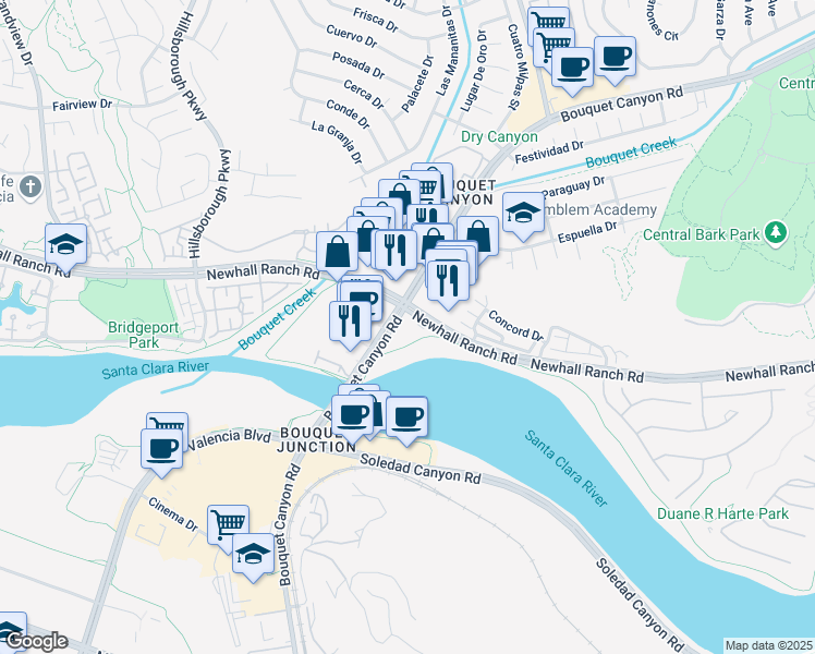 map of restaurants, bars, coffee shops, grocery stores, and more near 26394 Bouquet Canyon Road in Santa Clarita