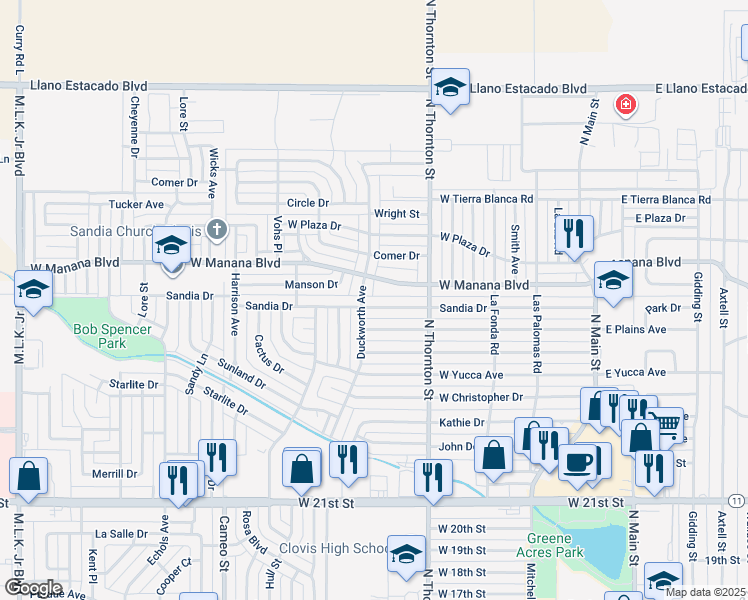 map of restaurants, bars, coffee shops, grocery stores, and more near 912 Sandia Drive in Clovis
