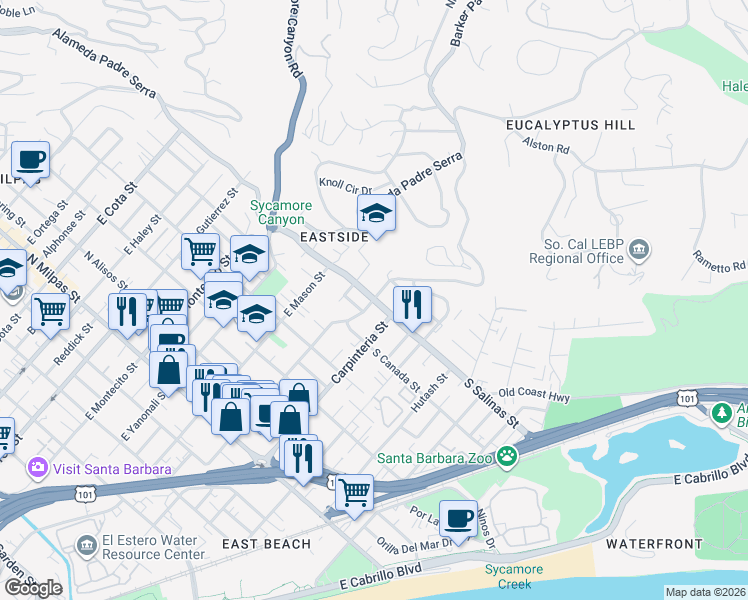map of restaurants, bars, coffee shops, grocery stores, and more near South Salinas Street & Clifton Street in Santa Barbara
