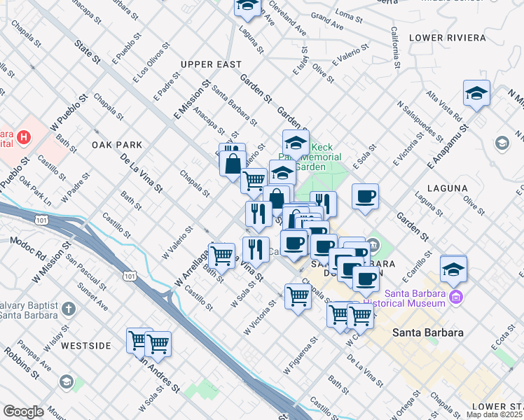 map of restaurants, bars, coffee shops, grocery stores, and more near 1515 State Street in Santa Barbara