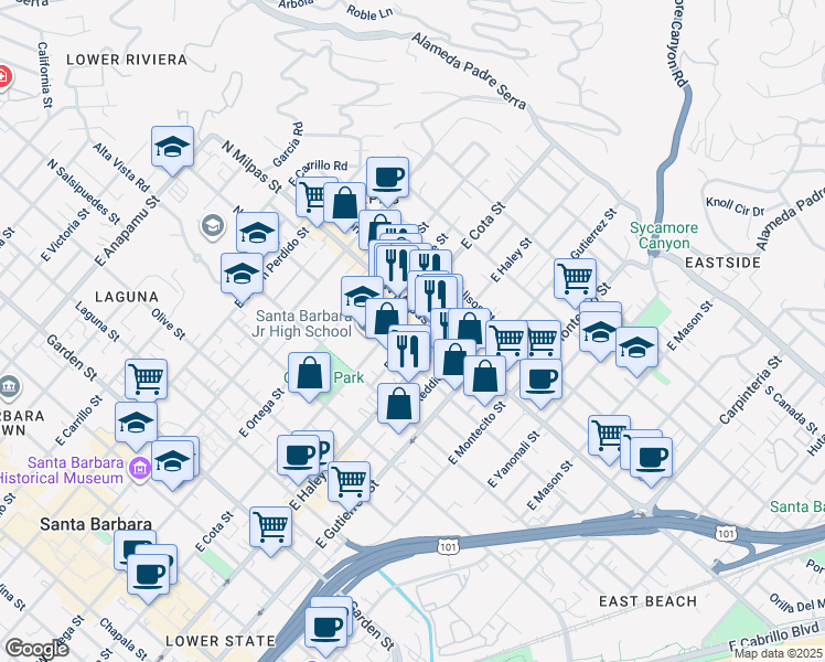 map of restaurants, bars, coffee shops, grocery stores, and more near 823 Bond Avenue in Santa Barbara