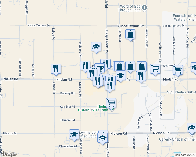 map of restaurants, bars, coffee shops, grocery stores, and more near 4022 Phelan Road in Phelan