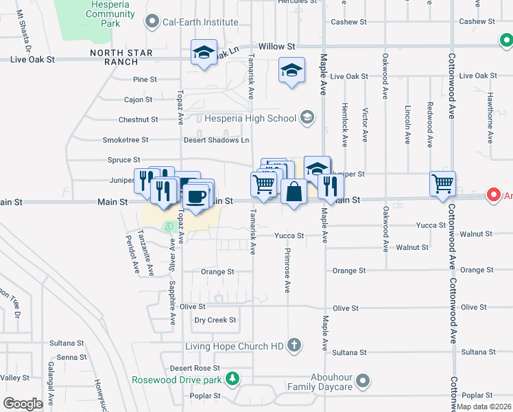 map of restaurants, bars, coffee shops, grocery stores, and more near 14311 Main Street in Hesperia