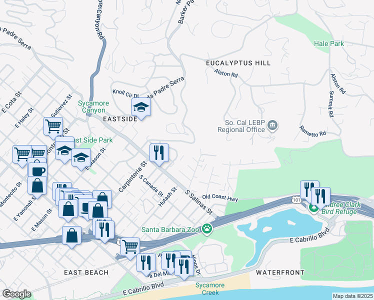 map of restaurants, bars, coffee shops, grocery stores, and more near 223 Uhlan Court in Santa Barbara