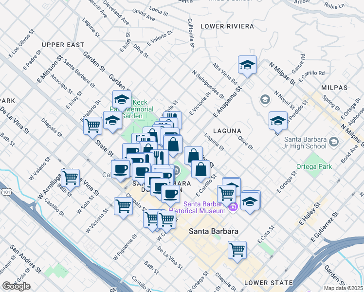 map of restaurants, bars, coffee shops, grocery stores, and more near 243 East Anapamu Street in Santa Barbara