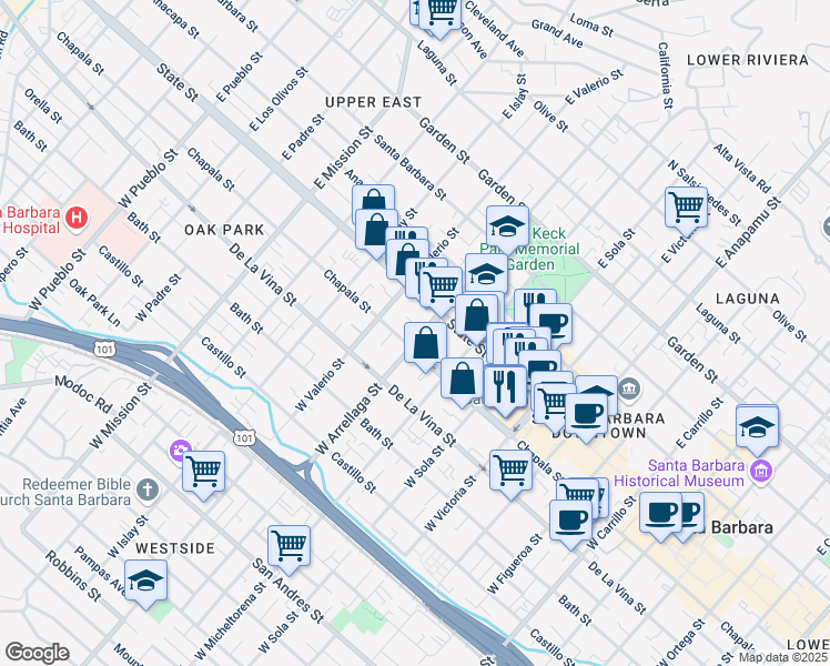 map of restaurants, bars, coffee shops, grocery stores, and more near 28 West Arrellaga Street in Santa Barbara