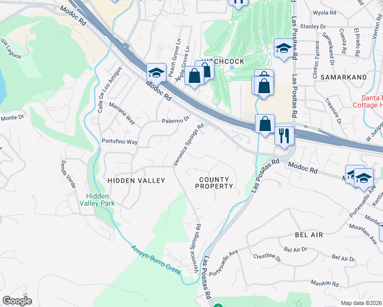 map of restaurants, bars, coffee shops, grocery stores, and more near 898 Veronica Springs Road in Santa Barbara