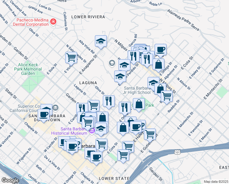 map of restaurants, bars, coffee shops, grocery stores, and more near 526 East Canon Perdido Street in Santa Barbara