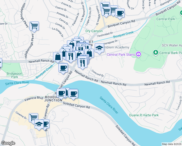 map of restaurants, bars, coffee shops, grocery stores, and more near 22883 Acoustic Drive in Santa Clarita