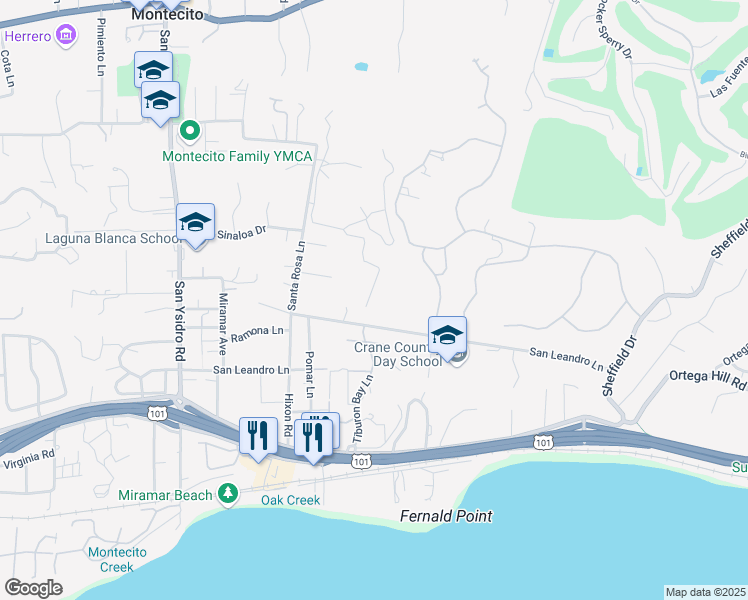 map of restaurants, bars, coffee shops, grocery stores, and more near 1694 San Leandro Lane in Montecito