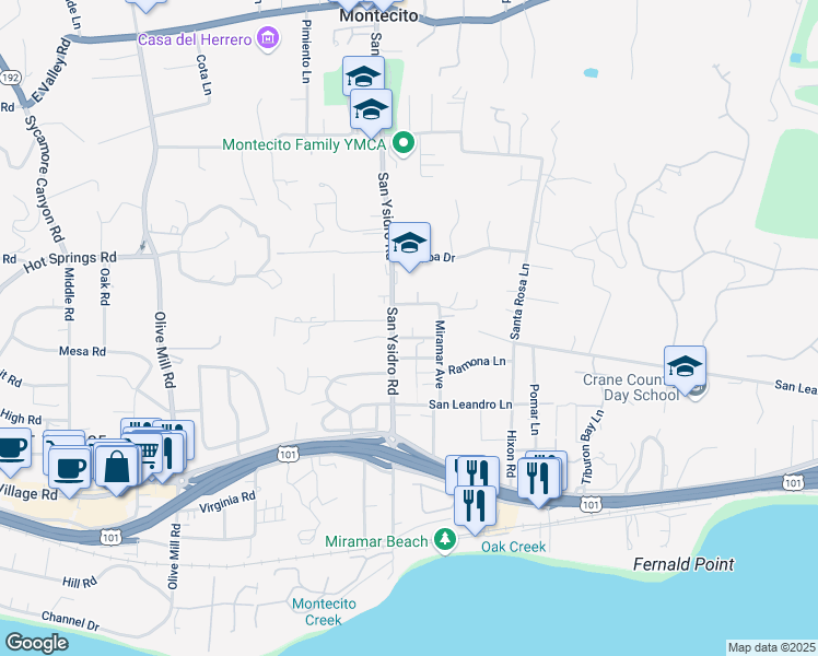 map of restaurants, bars, coffee shops, grocery stores, and more near 1510 Monte Vista Road in Montecito