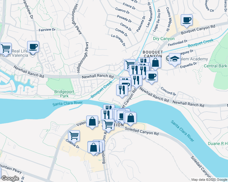 map of restaurants, bars, coffee shops, grocery stores, and more near Bouquet Creek Trail in Santa Clarita
