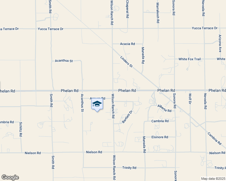 map of restaurants, bars, coffee shops, grocery stores, and more near Phelan Road in Phelan