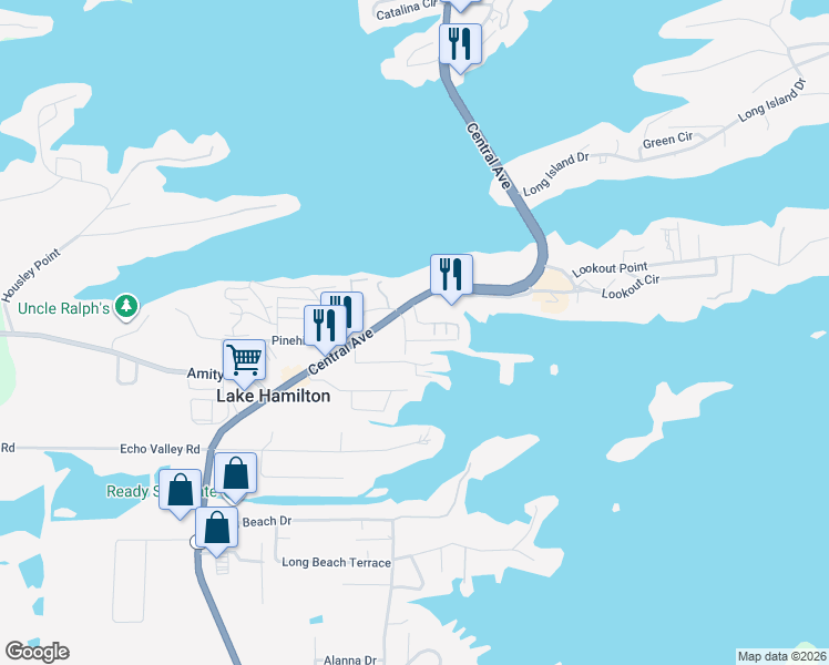 map of restaurants, bars, coffee shops, grocery stores, and more near 5363 Central Avenue in Hot Springs
