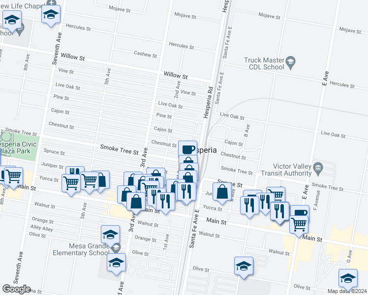 map of restaurants, bars, coffee shops, grocery stores, and more near 16558 Chestnut Street in Hesperia