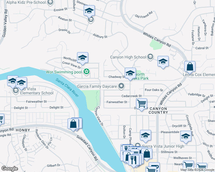 map of restaurants, bars, coffee shops, grocery stores, and more near 19620 Babington Street in Santa Clarita